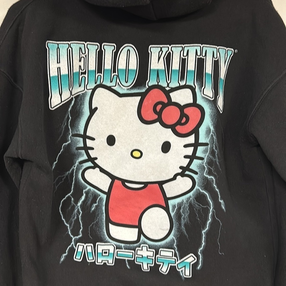 Hello Kitty Black Sanrio Hoodie with Japanese Graphic Sleeves - Size S/M